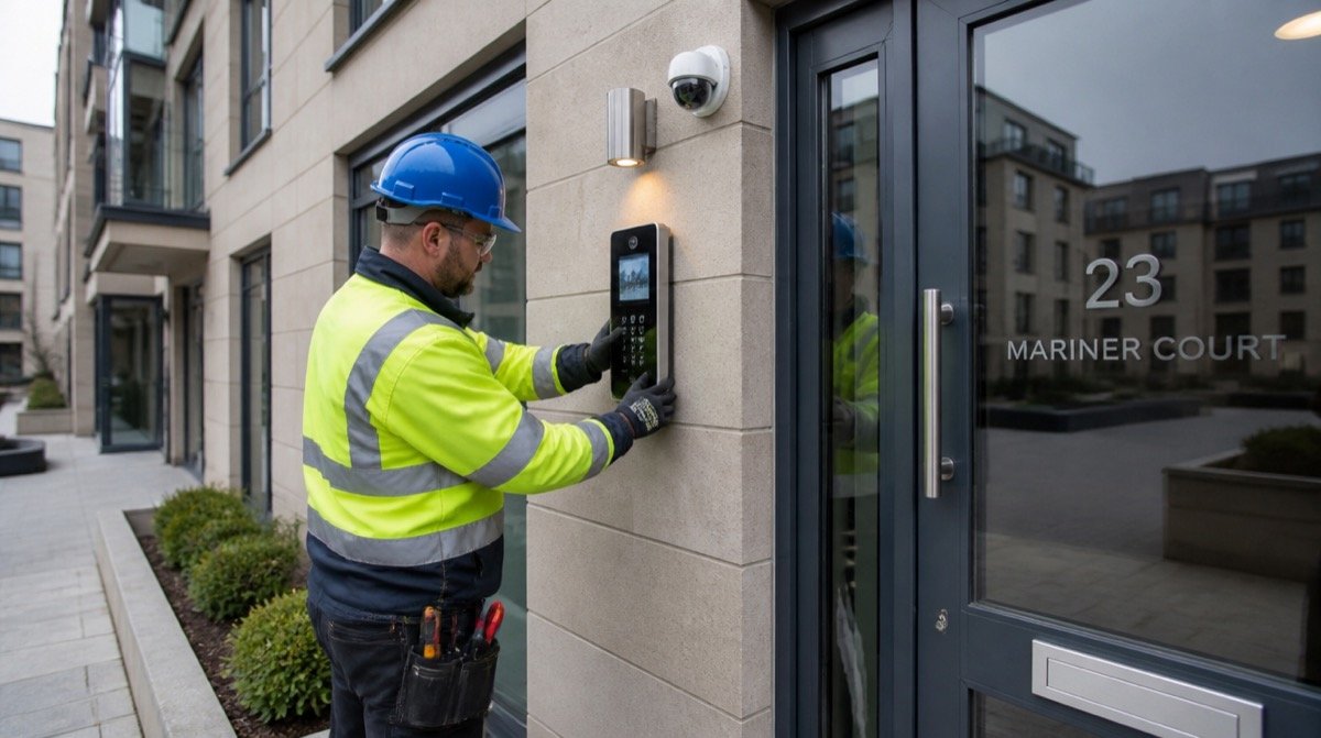 AberDove electrician installing a video intercom access control system
